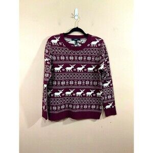 Forever 21 Womens Fair Isle Reindeer Sweater M Maroon Christmas Snowflakes Retro